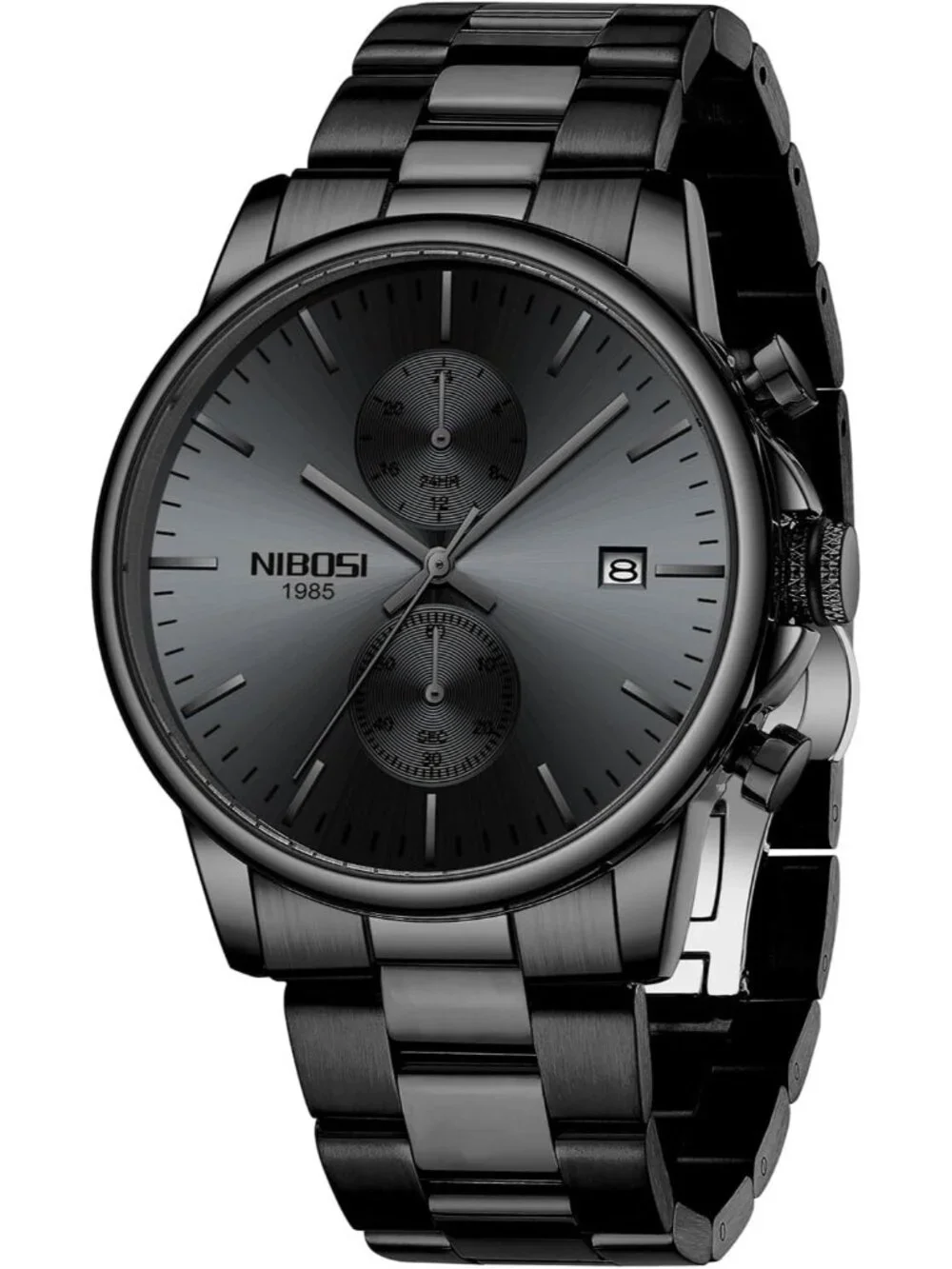 Men's All Black Stainless Steel Quartz Waterproof Day Date Casual Wrist Watch